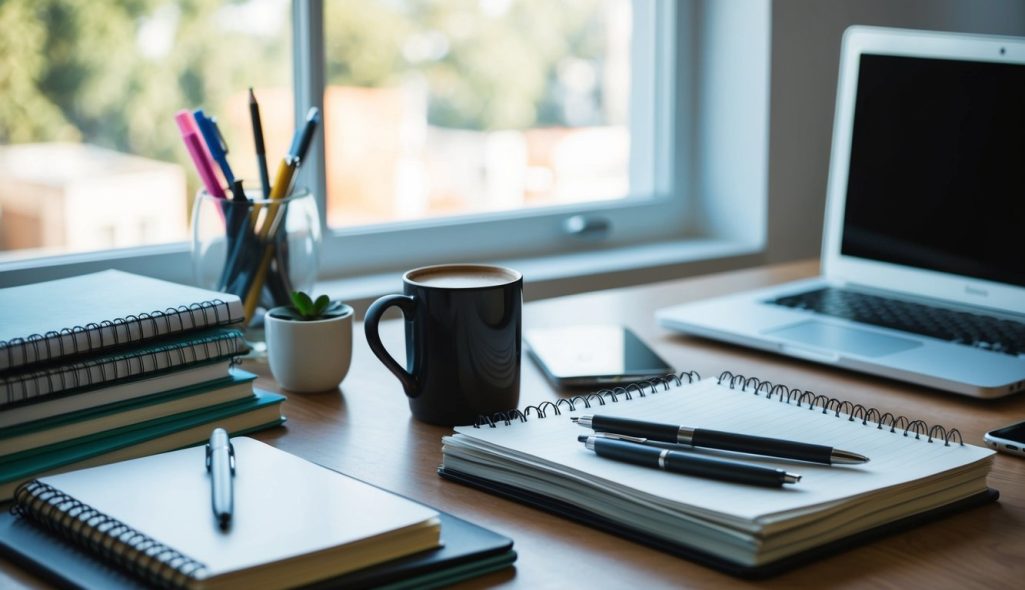 A desk cluttered with notebooks, pens, and a laptop. A mug of coffee sits next to a stack of marketing books. A window lets in natural light