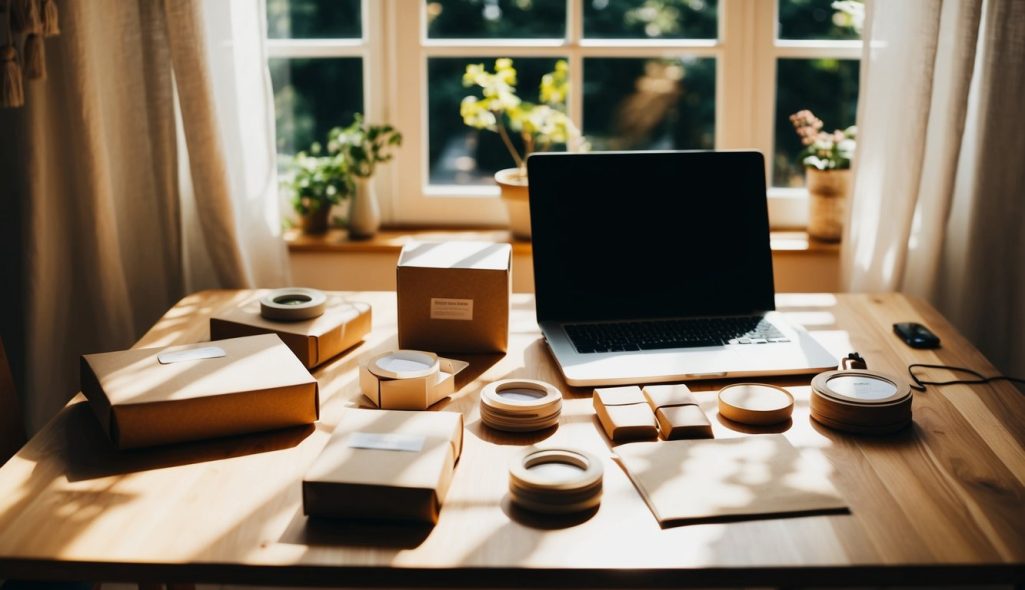 A cozy home workspace with a laptop, handmade products, and packaging materials. Sunlight streams through a window, casting warm shadows on the table
