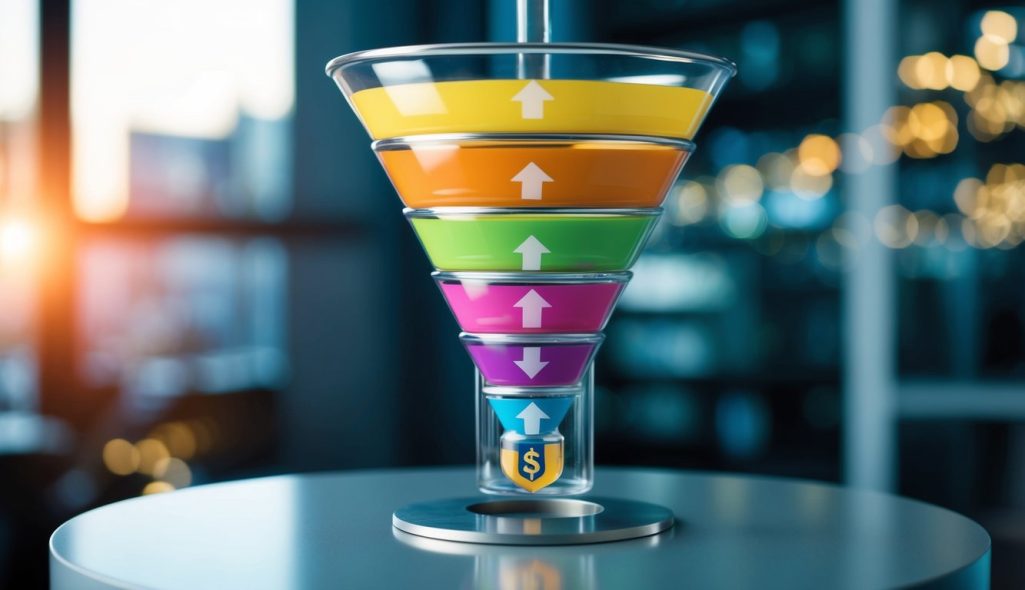 A marketing funnel with multiple stages and pathways, leading to a central point of conversion