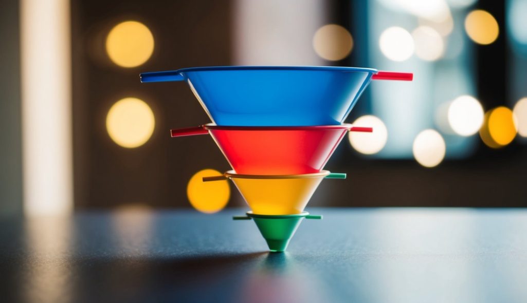 A series of interconnected funnels leading from wide at the top to narrow at the bottom, representing the stages of a marketing funnel