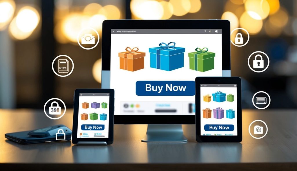 A smartphone and tablet displaying a variety of products with a "buy now" button, surrounded by icons representing secure payment options