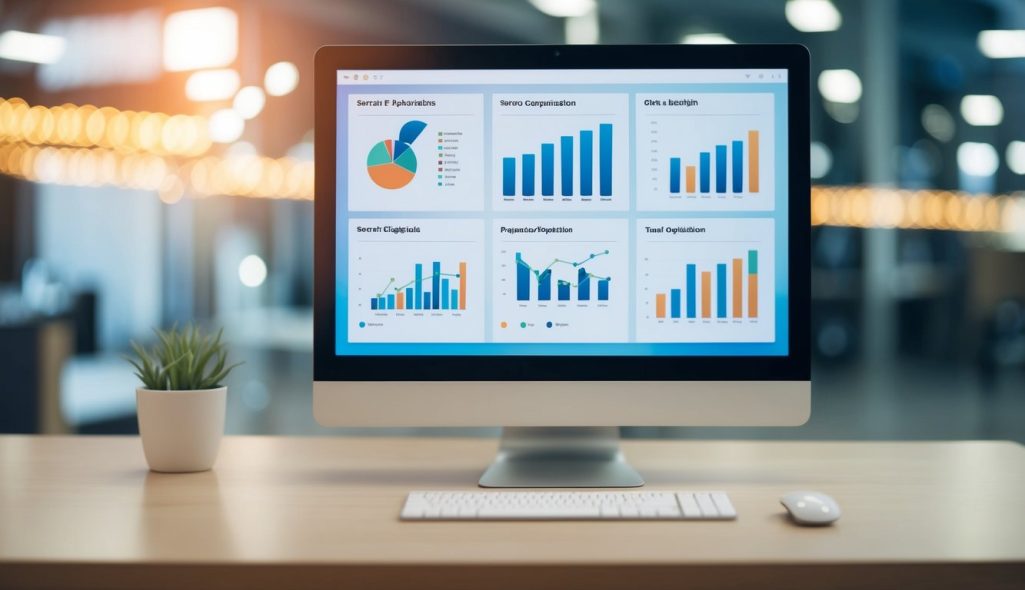 A computer screen displaying various charts and graphs related to search engine optimization