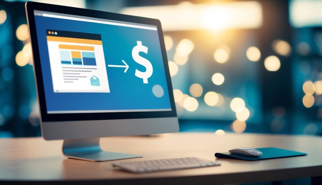 A computer screen with a cursor clicking on an ad, while a dollar sign symbol hovers above it