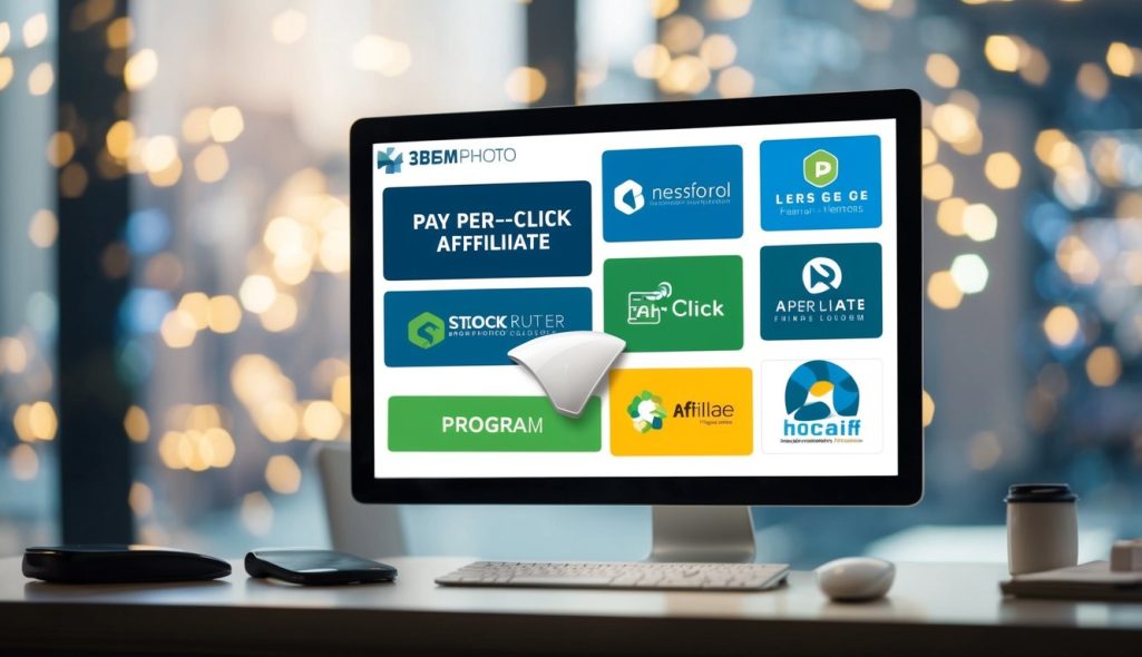 A computer screen displaying various pay-per-click affiliate program logos with a mouse cursor hovering over one