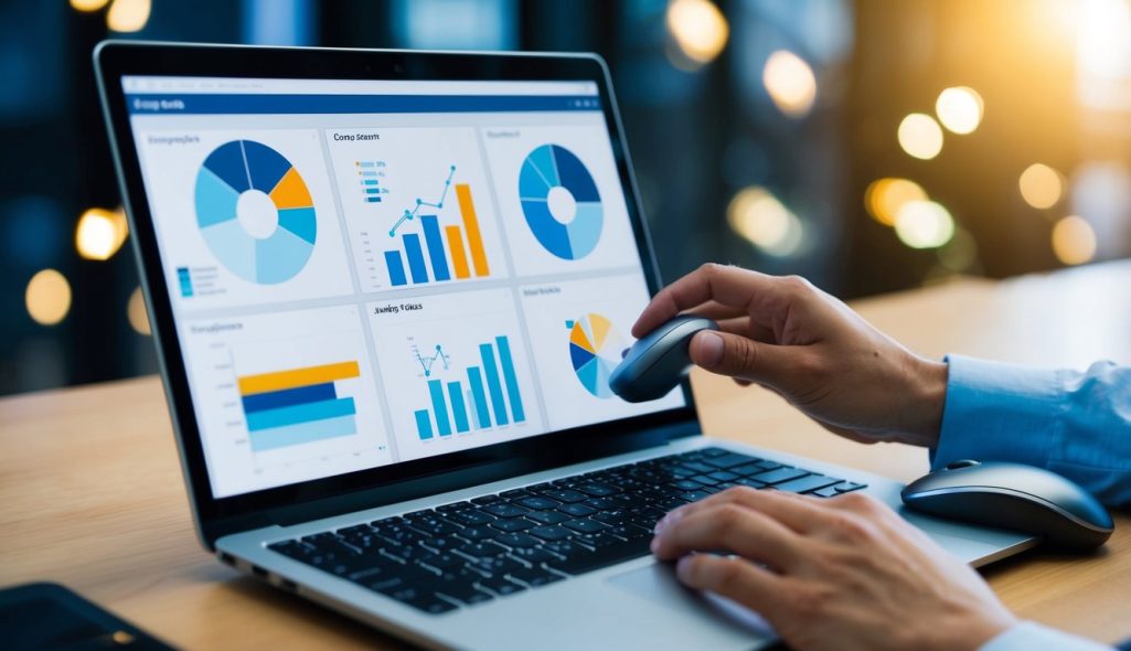 A laptop displaying various graphs and charts, with a person's hand adjusting the settings on a mouse and keyboard
