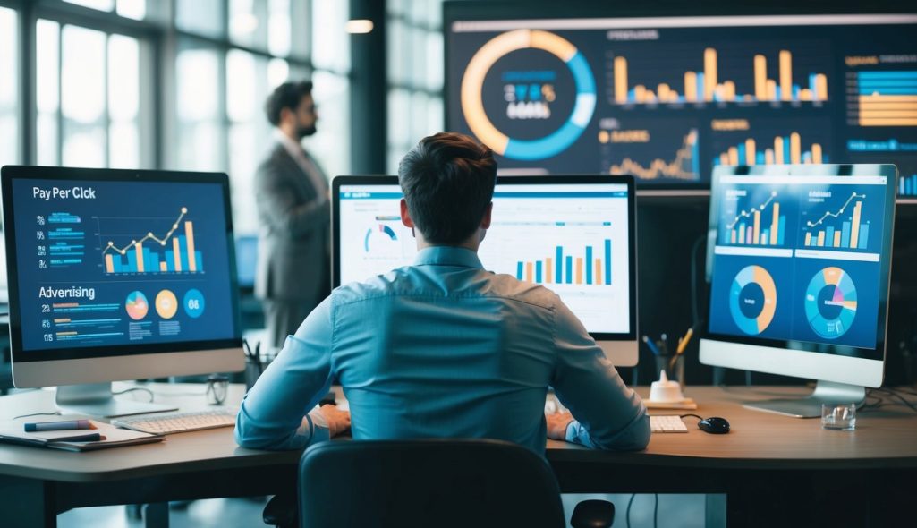 A person at a desk, surrounded by computer screens and data charts, analyzing pay per click advertising strategies