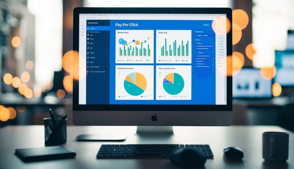 A computer screen displaying a pay-per-click dashboard with various metrics and graphs, surrounded by a keyboard and mouse