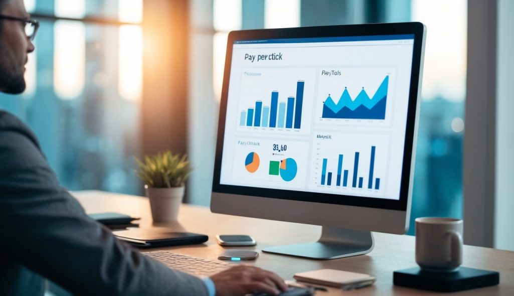 A computer screen displaying various pay-per-click tools and analytics charts