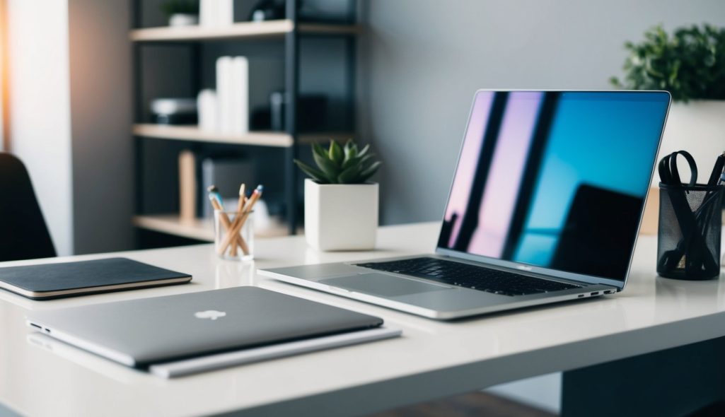 A sleek, modern desk with a laptop, notebook, and professional accessories. A clean, organized workspace with a hint of personal style