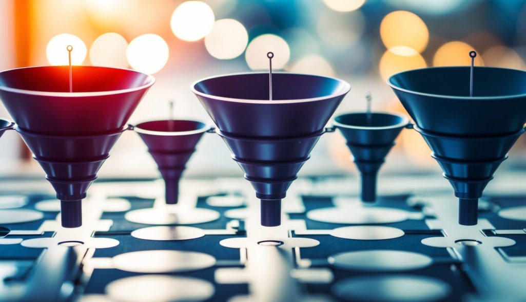 A series of interconnected funnels guiding potential customers towards a central point, with various stages and strategies along the way
