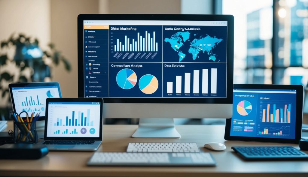 A desk with a computer screen showing data graphs and charts, surrounded by various digital marketing analysis tools and software