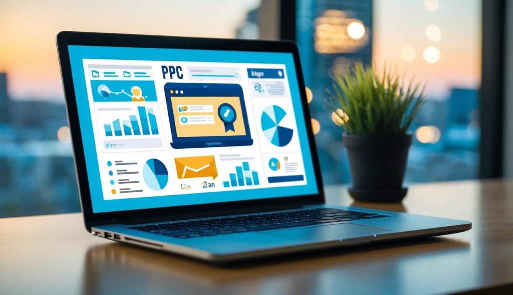 A laptop displaying a well-organized PPC campaign with relevant keywords, compelling ad copy, and strategic bidding