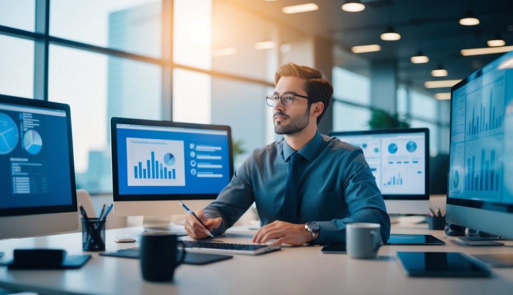 A person at a desk, surrounded by computer screens and charts, analyzing data and making strategic decisions for a PPC consulting project