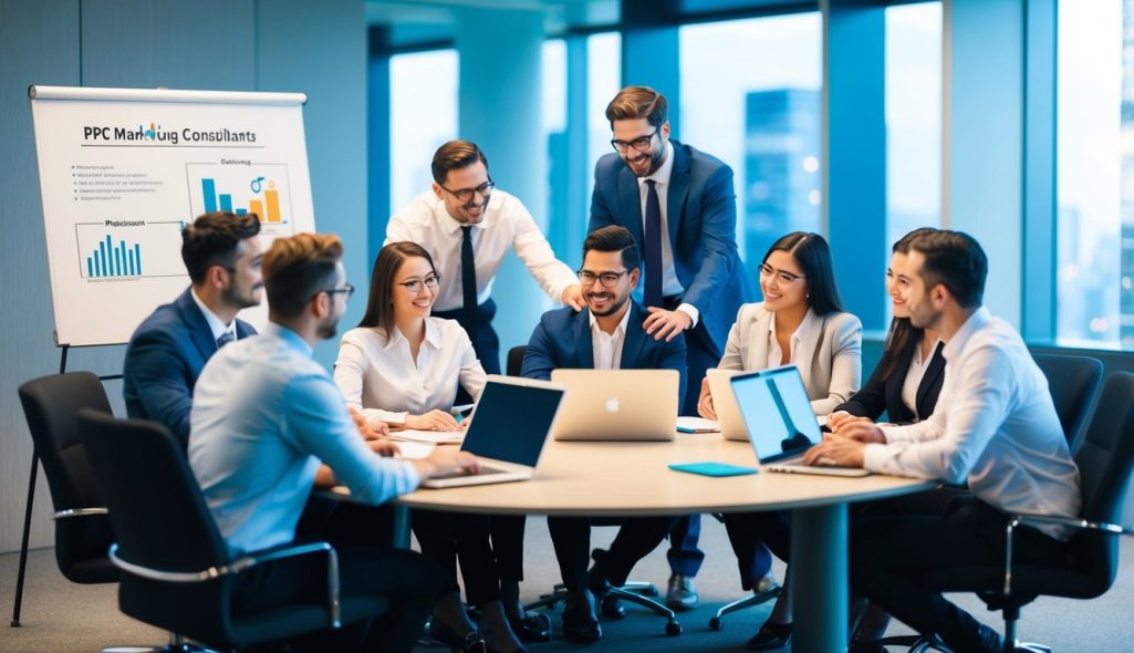 A group of ppc marketing consultants collaborating around a conference table, brainstorming and analyzing data on their laptops and whiteboards