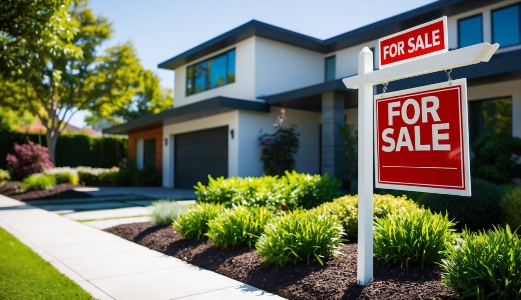 An open house with a "For Sale" sign, surrounded by lush landscaping and a modern, stylish exterior