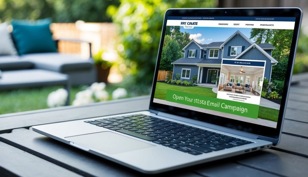 A laptop displaying a real estate email campaign with a modern house image, open floor plan, and spacious backyard, surrounded by greenery