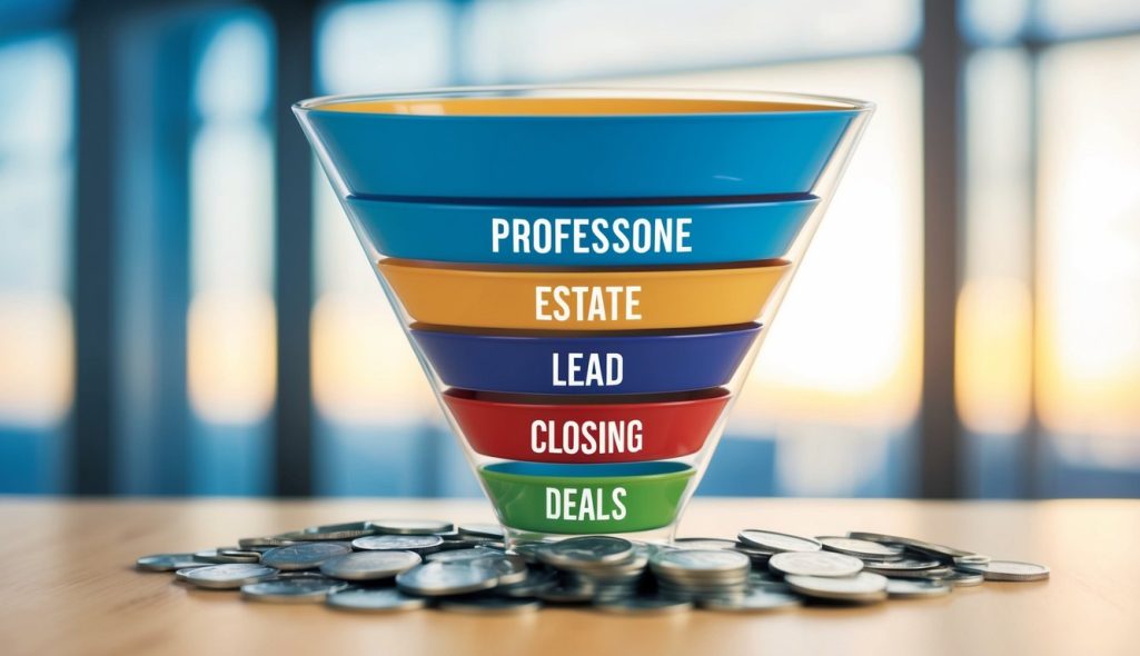 A funnel with multiple layers representing the stages of real estate sales, from lead generation to closing deals