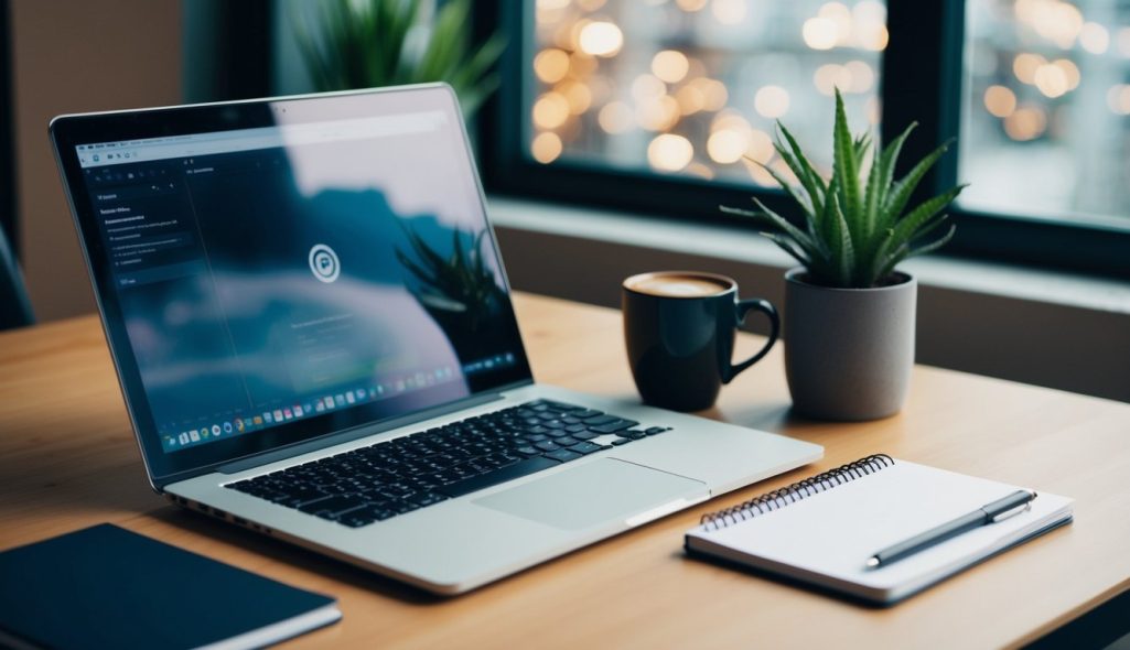 A laptop on a desk with a mug of coffee, a notepad, and a plant