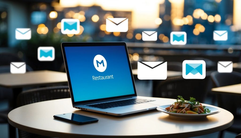 A table with a laptop and a plate of food, surrounded by email icons and restaurant logos