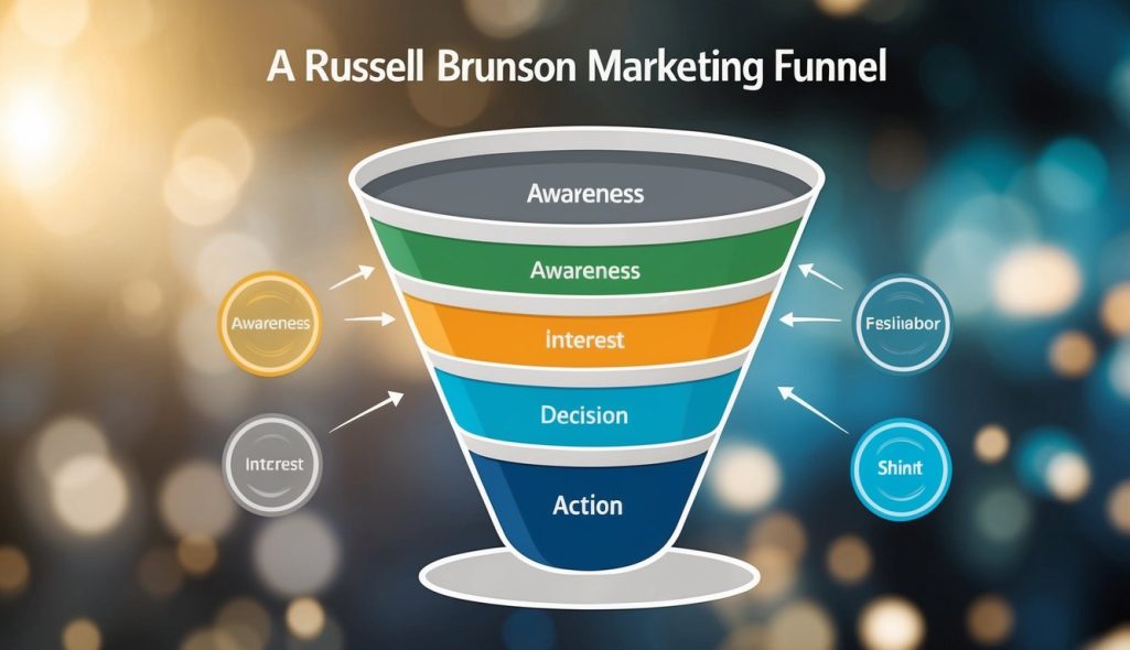A digital illustration of a funnel with various stages representing the Russell Brunson marketing funnel, with clear distinctions between awareness, interest, decision, and action