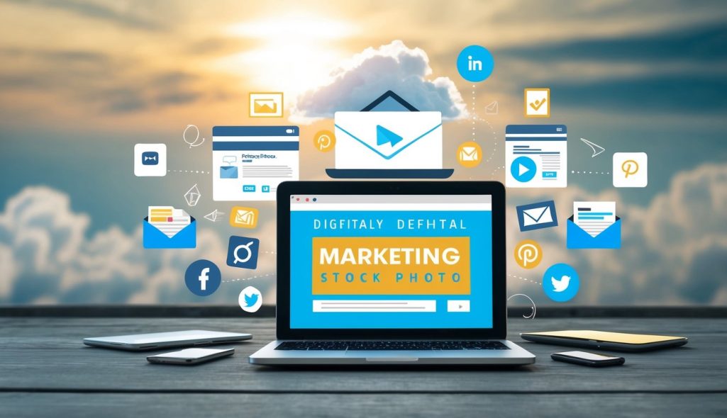A laptop surrounded by various digital marketing elements, such as social media icons, email newsletters, and blog posts, with a cloud in the background