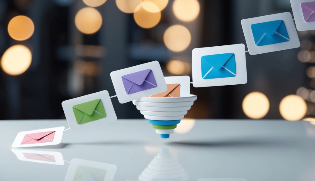A series of emails flowing through a funnel, each one representing a different stage of the sales process