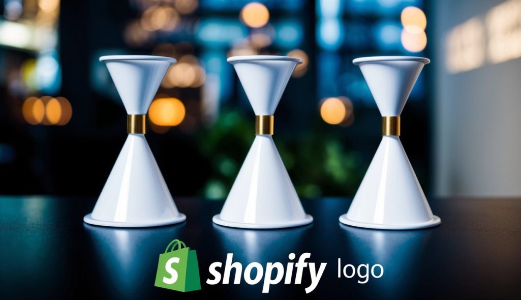 A series of connected funnels leading to a Shopify logo at the bottom