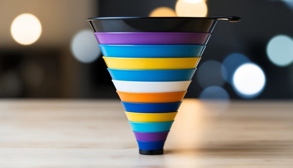A funnel with multiple layers narrowing down, representing the process of sales leads filtering and converting into customers