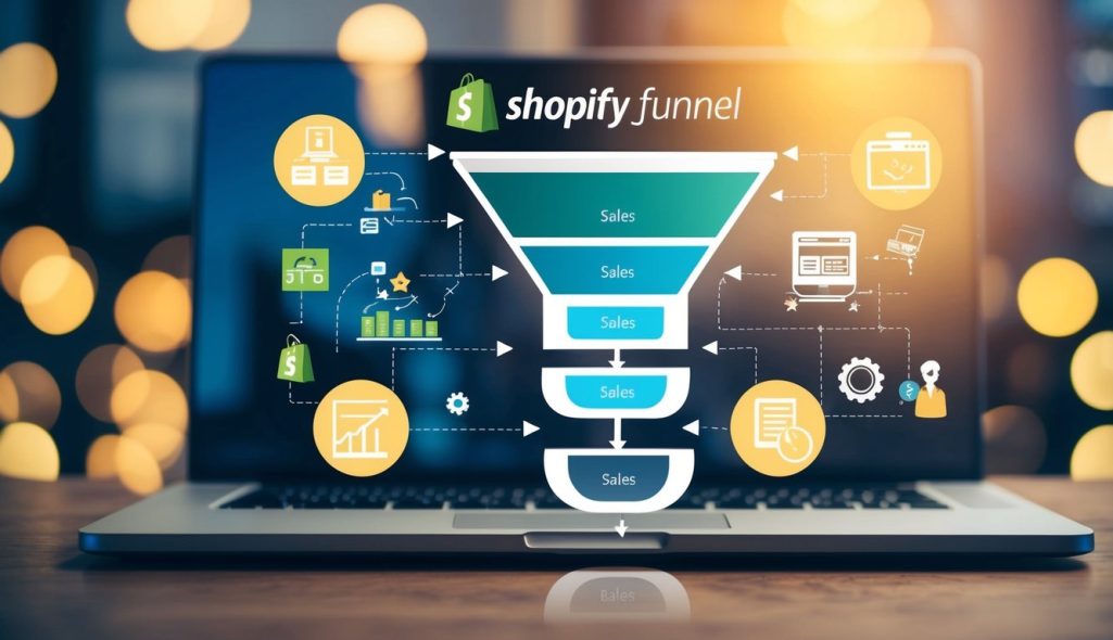 A digital sales funnel flowing through a Shopify platform, with various stages and interactions for potential customers