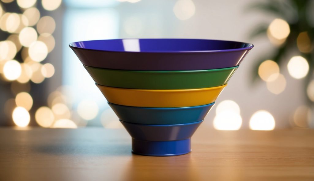 A funnel with distinct stages narrowing towards the bottom, representing the sales process