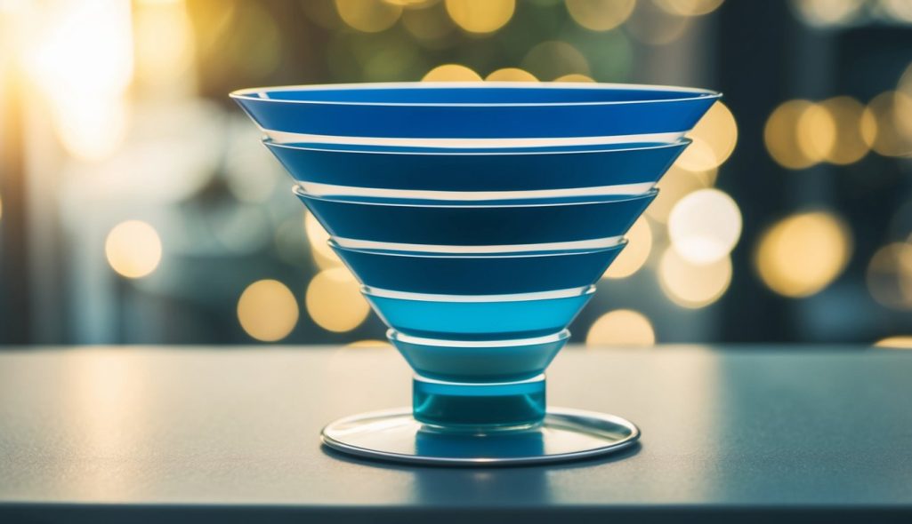 A funnel with varying stages representing a sales process, narrowing from top to bottom, with leads entering at the top and conversions at the bottom