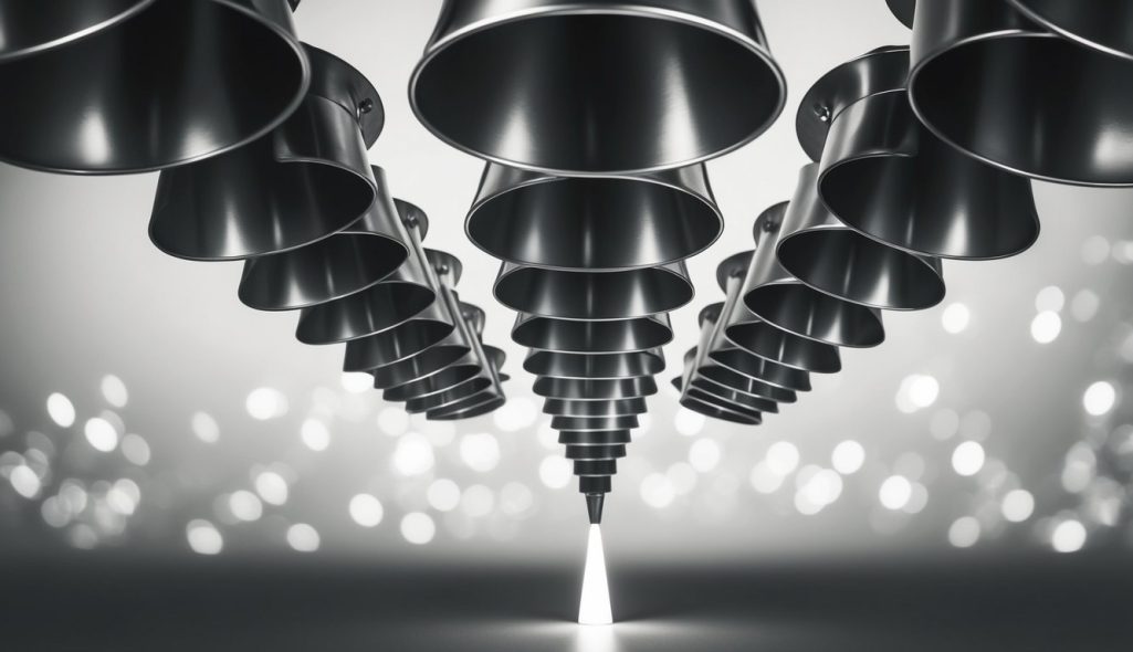 A series of interconnected funnels, gradually narrowing, leading to a single point at the bottom