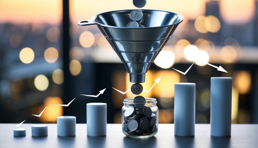A funnel pouring leads into a wide-mouthed container, with smaller containers representing different stages of the sales process, leading to a final conversion point