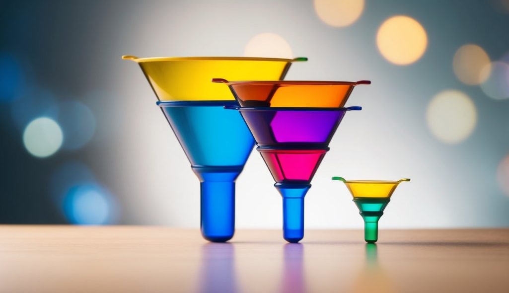 A series of interconnected funnels with varying sizes and colors, representing the stages of sales tracking