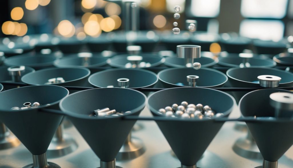 A series of interconnected funnels guiding and filtering a stream of various sized objects