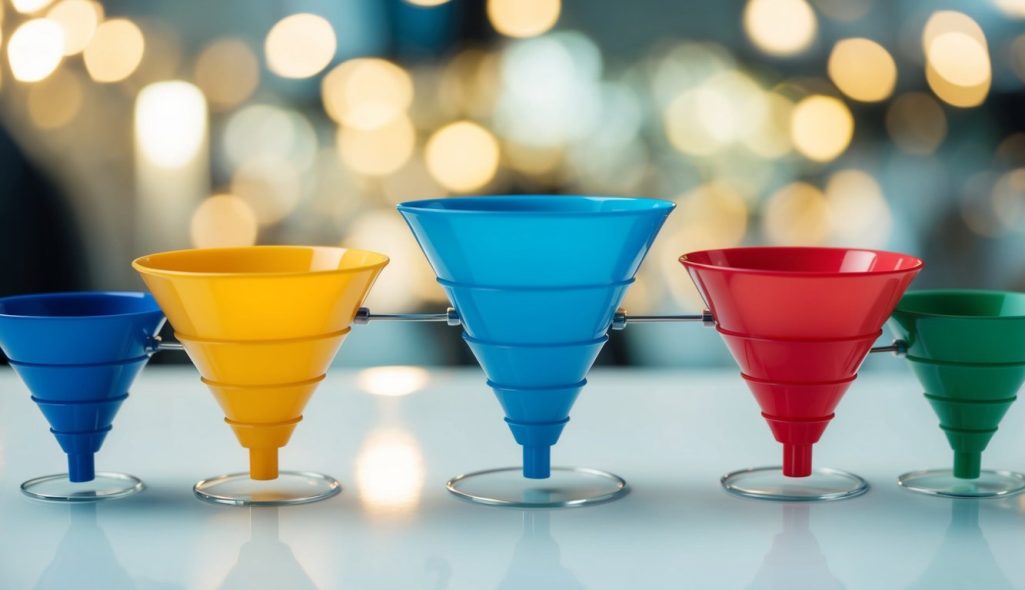 A series of interconnected funnels, each representing a different stage of the sales process, leading towards a central point
