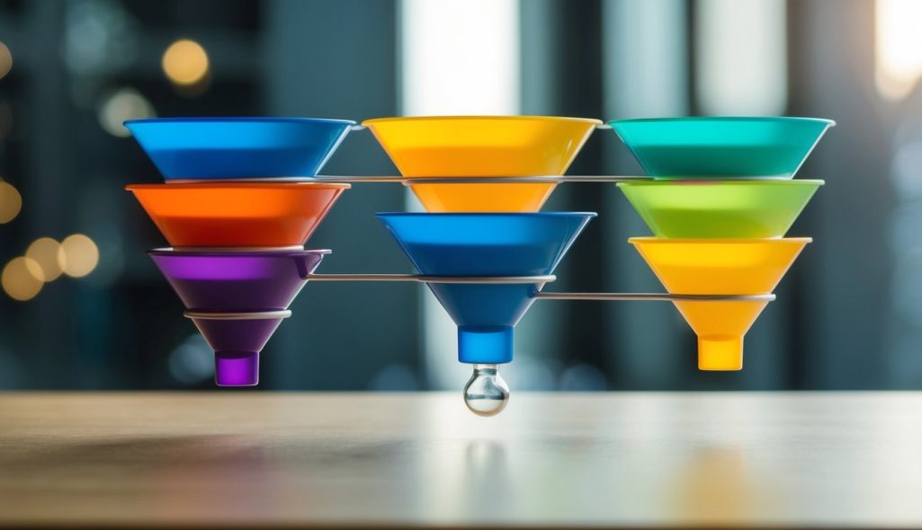 A series of interconnected funnels leading to a final, larger funnel, symbolizing the process of guiding potential customers through the sales journey