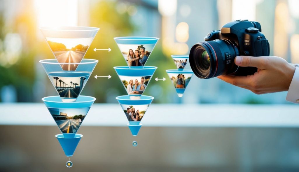 A camera capturing images flowing through a series of interconnected funnels, representing the process of attracting and converting potential photography clients