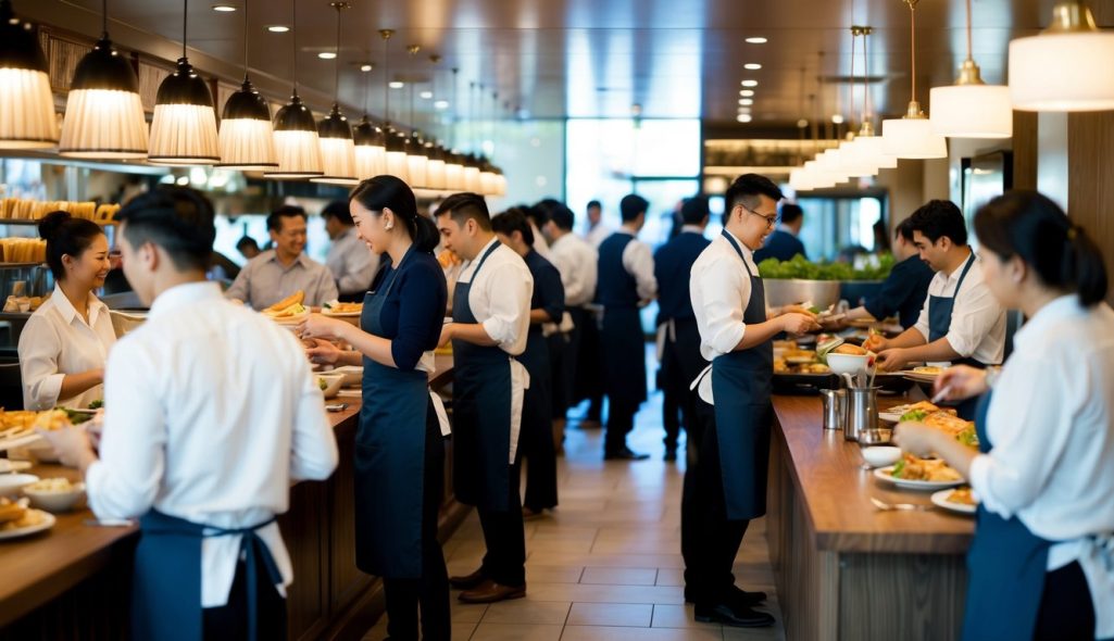 A busy restaurant with a steady stream of customers entering, ordering, and enjoying their meals, while staff efficiently guide them through the sales process