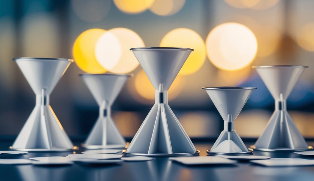 A series of connected funnels leading to a central point, representing the stages of the sales process in a business