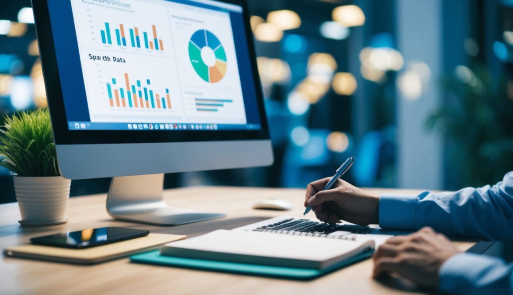 A desk with a computer, notebook, and pen. A person is analyzing data and strategizing for search engine optimization