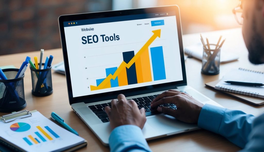 A laptop displaying a website with a bar graph showing an upward trend, surrounded by various SEO tools and a person taking notes