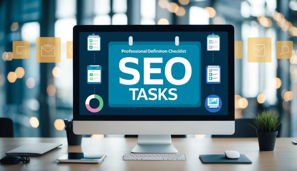 A computer screen with a checklist of SEO tasks, surrounded by web design elements and icons