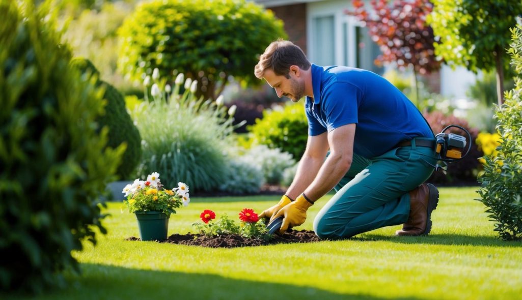 A landscaper planting flowers in a garden with a lush green lawn and a variety of trees and shrubs