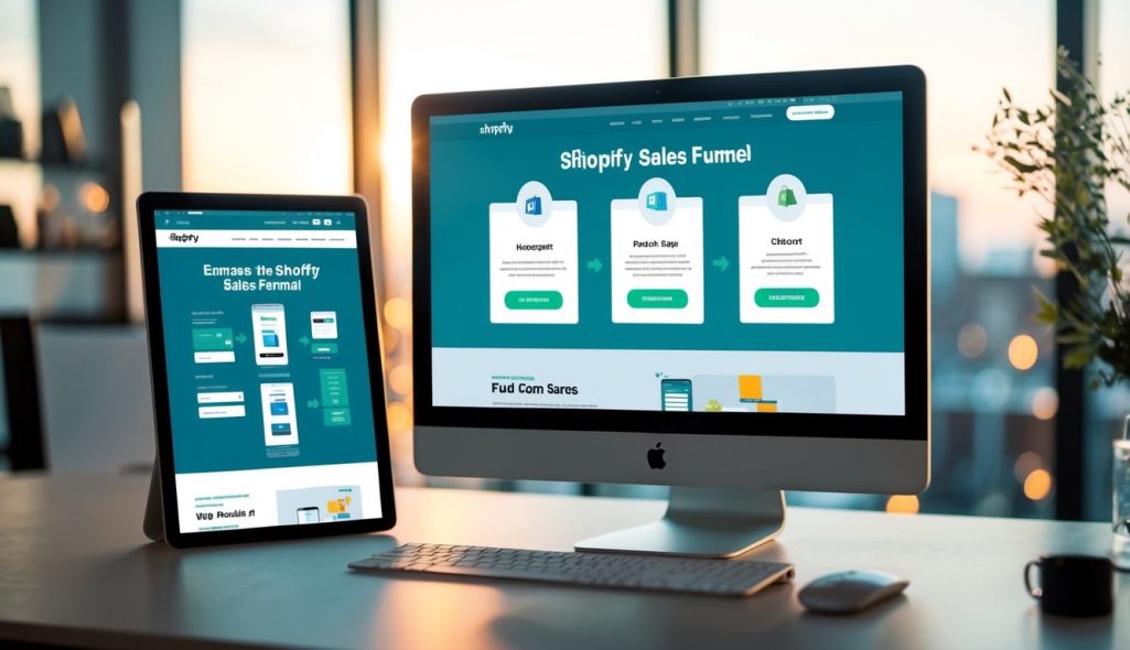 A computer screen displaying a series of webpages: homepage, product page, cart, and checkout, representing the Shopify sales funnel