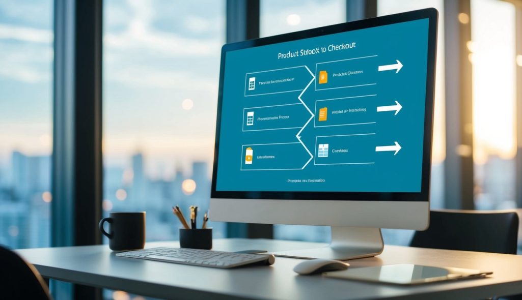 A computer screen displaying a series of interconnected steps, leading from product selection to checkout, with arrows and progress indicators