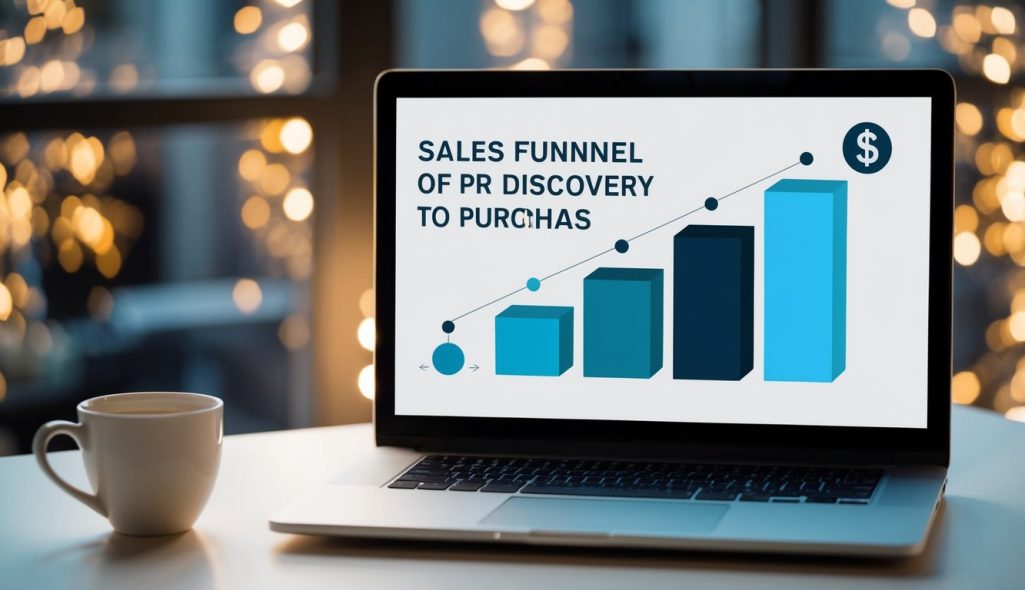 A computer screen with a series of interconnected boxes representing the steps of a sales funnel, leading from product discovery to purchase