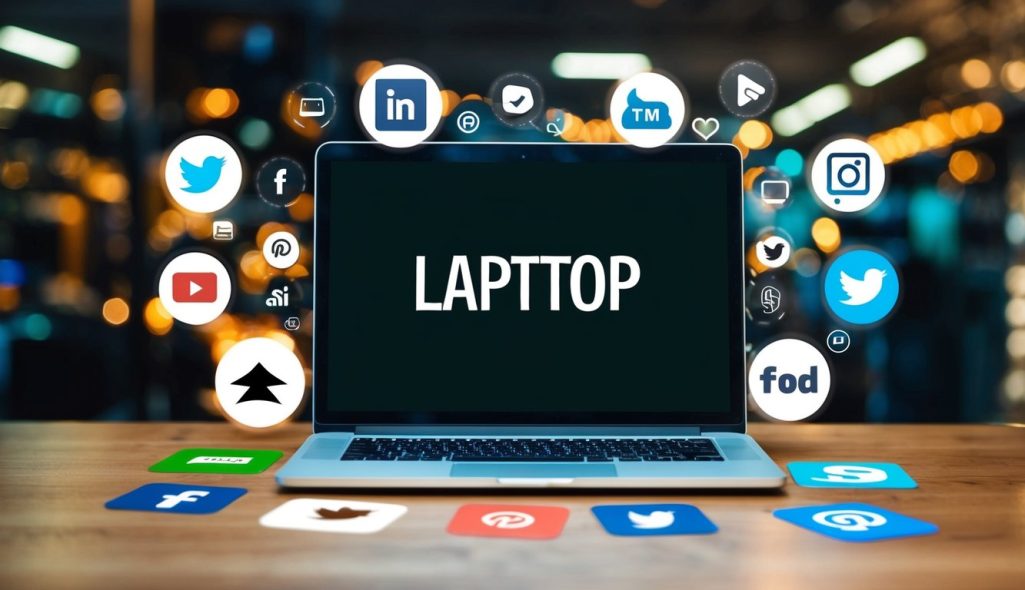 A laptop surrounded by various social media icons and e-commerce symbols