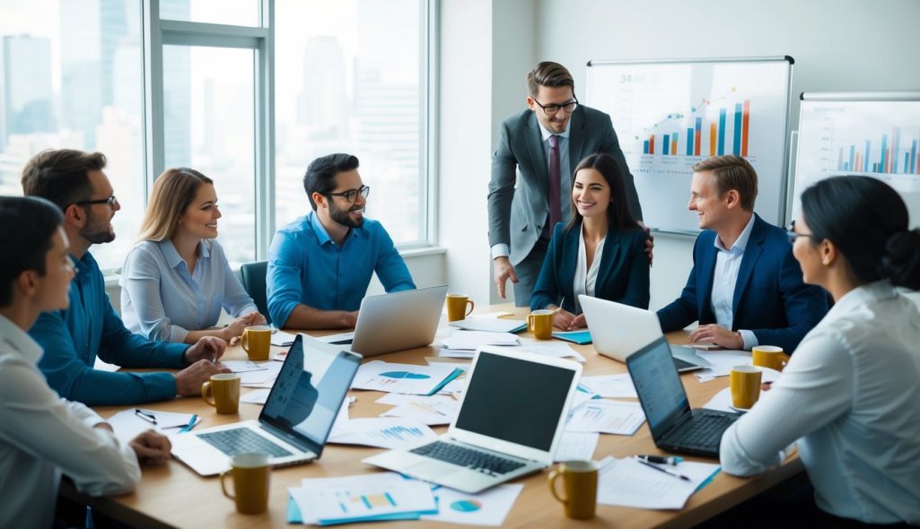 A group of people brainstorming around a table covered with papers, laptops, and coffee mugs. Charts and graphs are displayed on a nearby whiteboard