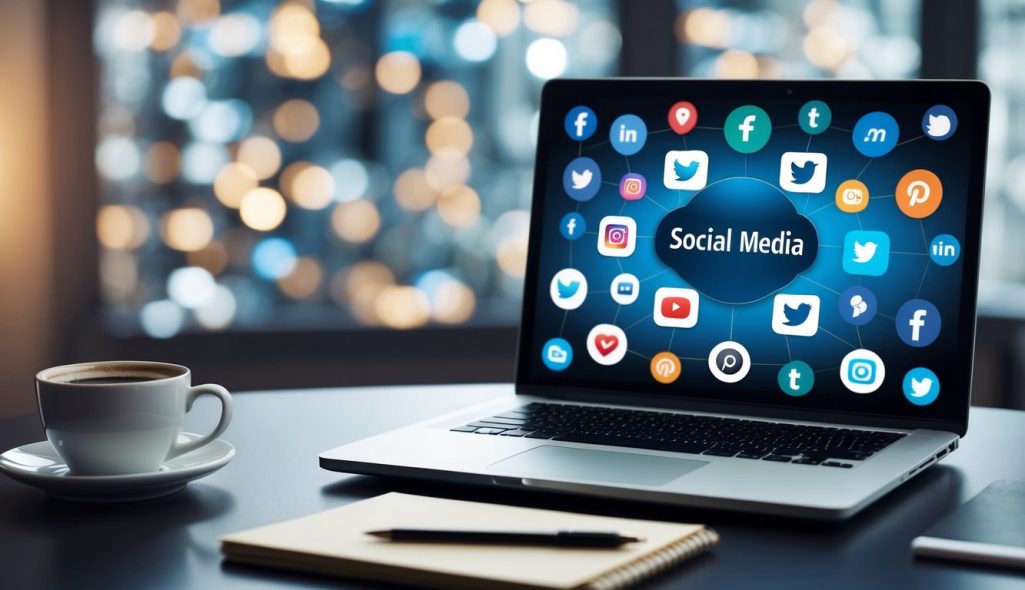 A laptop surrounded by icons of various social media platforms on a desk with a cup of coffee and a notepad
